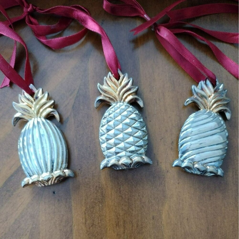 Lenox Williamsburg Pineapple Silverplate Ornaments Set Of 3 w/ Box, Silver Gold - Picture 3 of 9
